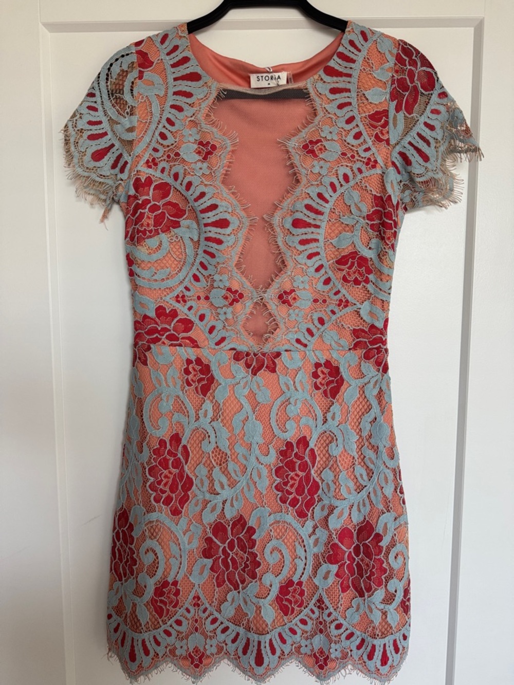 Storia Lace Mini Dress with Sheer Neckline & Scalloped Hem - M - NWT